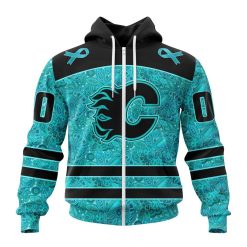 NHL Calgary Flames Custom Name Number Fight Ovarian Cancer Zip Up Hoodie