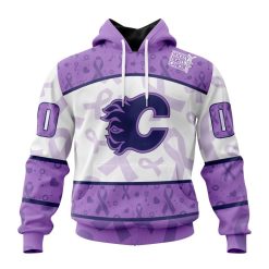 NHL Calgary Flames Custom Name Number Lavender Hockey Fight Cancer Pullover Hoodie