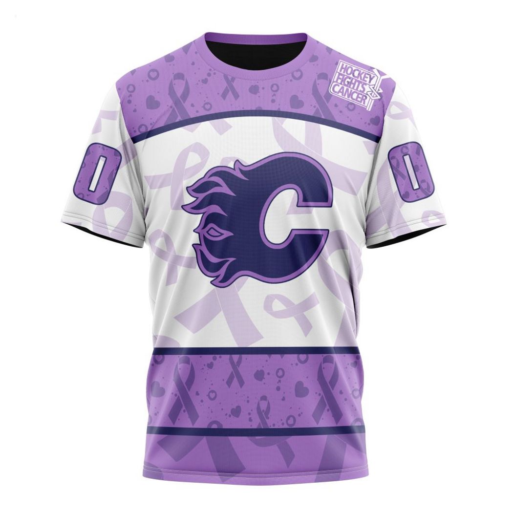 NHL Calgary Flames Custom Name Number Lavender Hockey Fight Cancer T-Shirt