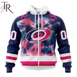 NHL Carolina Hurricanes Custom Name Number Breast Cancer Tie-Dye Zip Up Hoodie