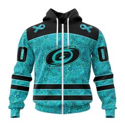 NHL Carolina Hurricanes Custom Name Number Fight Ovarian Cancer Zip Up Hoodie