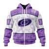 NHL Carolina Hurricanes Custom Name Number Lavender Fight Cancer Zip Up Hoodie