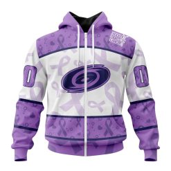NHL Carolina Hurricanes Custom Name Number Lavender Fight Cancer Zip Up Hoodie