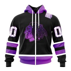 NHL Chicago Blackhawks Custom Name Number Black Hockey Fights Cancer Zip Up Hoodie
