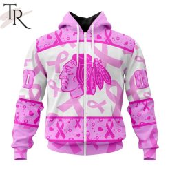 NHL Chicago Blackhawks Custom Name Number Breast Cancer Awareness Month Zip Up Hoodie