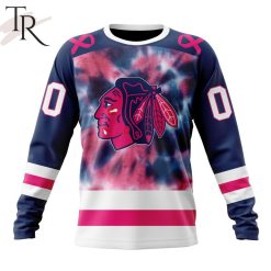 NHL Chicago Blackhawks Custom Name Number Breast Cancer Tie-Dye Sweatshirt