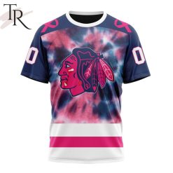 NHL Chicago Blackhawks Custom Name Number Breast Cancer Tie-Dye T-Shirt