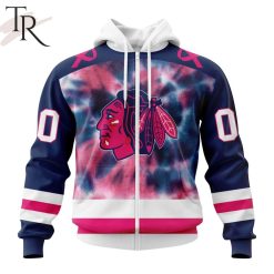 NHL Chicago Blackhawks Custom Name Number Breast Cancer Tie-Dye Zip Up Hoodie