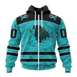 NHL Chicago Blackhawks Custom Name Number Fight Ovarian Cancer Zip Up Hoodie