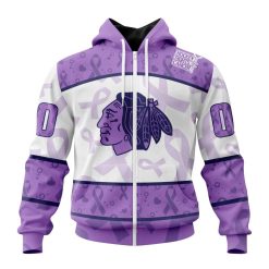 NHL Chicago Blackhawks Custom Name Number Lavender Hockey Fight Cancer Zip Up Hoodie