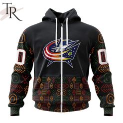 NHL Columbus Blue Jackets Custom Name Number Black History Month Zip Up Hoodie