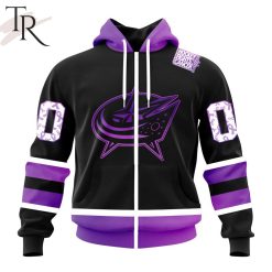 NHL Columbus Blue Jackets Custom Name Number Black Hockey Fights Cancer Zip Up Hoodie
