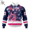 NHL Columbus Blue Jackets Custom Name Number Fight Breast Cancer Tie Dye Pullover Hoodie