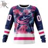 NHL Columbus Blue Jackets Custom Name Number Fight Breast Cancer Tie Dye Sweatshirt