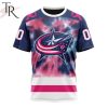 NHL Columbus Blue Jackets Custom Name Number Fight Breast Cancer Tie Dye T-Shirt