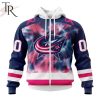 NHL Columbus Blue Jackets Custom Name Number Fight Breast Cancer Tie Dye Zip Up Hoodie