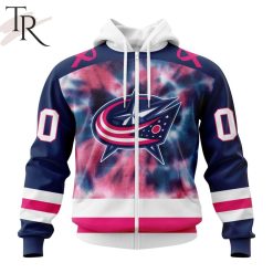 NHL Columbus Blue Jackets Custom Name Number Fight Breast Cancer Tie Dye Zip Up Hoodie