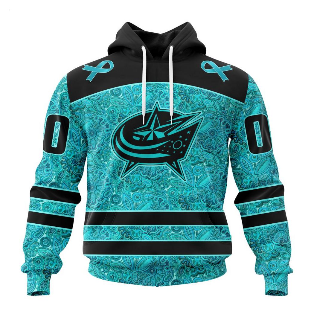 NHL Columbus Blue Jackets Custom Name Number Fight Ovarian Cancer Pullover Hoodie