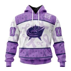 NHL Columbus Blue Jackets Custom Name Number Lavender Hockey Fights Cancer Pullover Hoodie