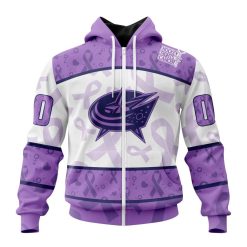 NHL Columbus Blue Jackets Custom Name Number Lavender Hockey Fights Cancer Zip Up Hoodie