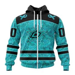 NHL Dallas Stars Custom Name Number Fight Ovarian Cancer Zip Up Hoodie