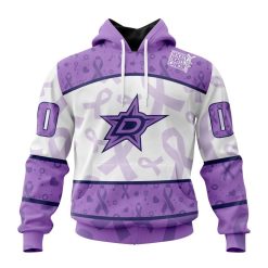 NHL Dallas Stars Custom Name Number Lavender Hockey Fights Cancer Pullover Hoodie