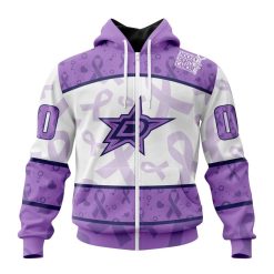 NHL Dallas Stars Custom Name Number Lavender Hockey Fights Cancer Zip Up Hoodie