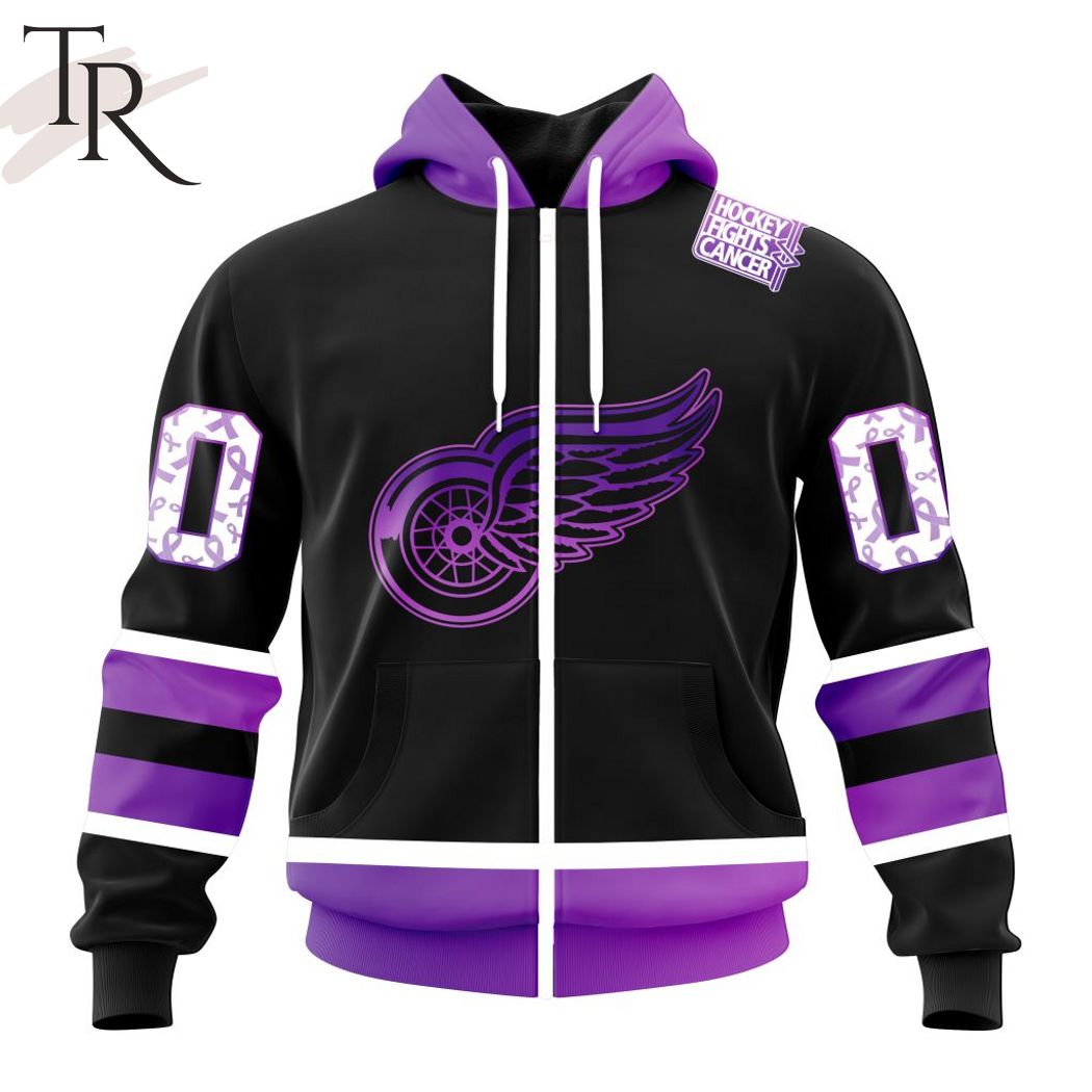 NHL Detroit Red Wings Custom Name Number Black Hockey Fights Cancer Zip Up Hoodie