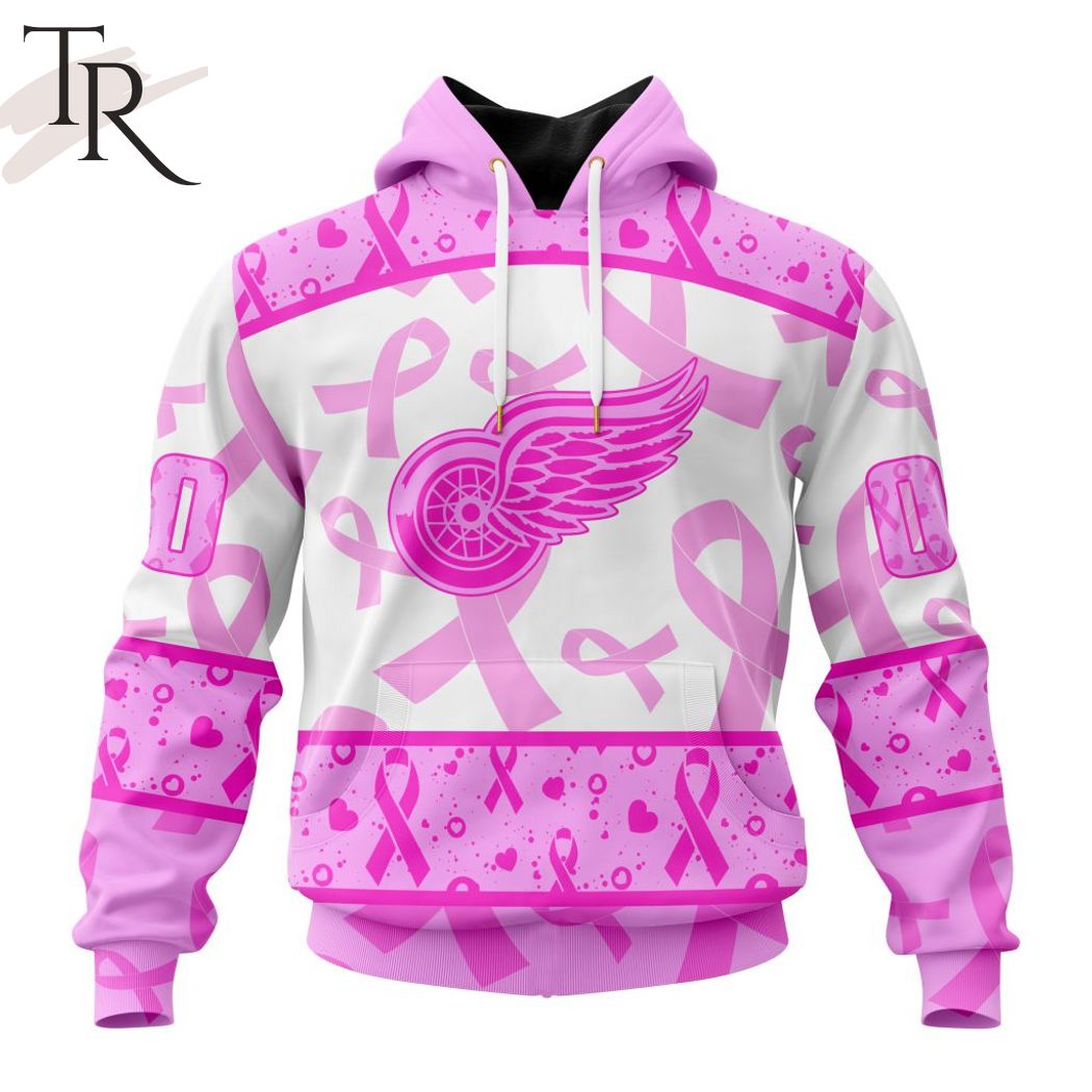 NHL Detroit Red Wings Custom Name Number Breast Cancer Awareness Month Pullover Hoodie
