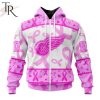 NHL Detroit Red Wings Custom Name Number Breast Cancer Awareness Month Zip Up Hoodie