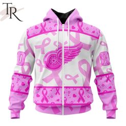 NHL Detroit Red Wings Custom Name Number Breast Cancer Awareness Month Zip Up Hoodie