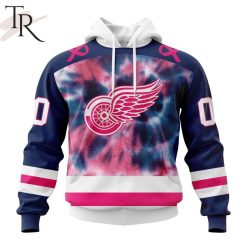 NHL Detroit Red Wings Custom Name Number Fight Breast Cancer Tie Dye Pullover Hoodie