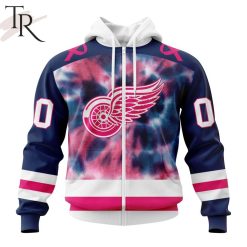 NHL Detroit Red Wings Custom Name Number Fight Breast Cancer Tie Dye Zip Up Hoodie