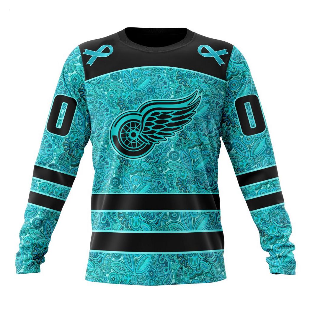 NHL Detroit Red Wings Custom Name Number Fight Ovarian Cancer Sweatshirt