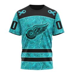 NHL Detroit Red Wings Custom Name Number Fight Ovarian Cancer T-Shirt
