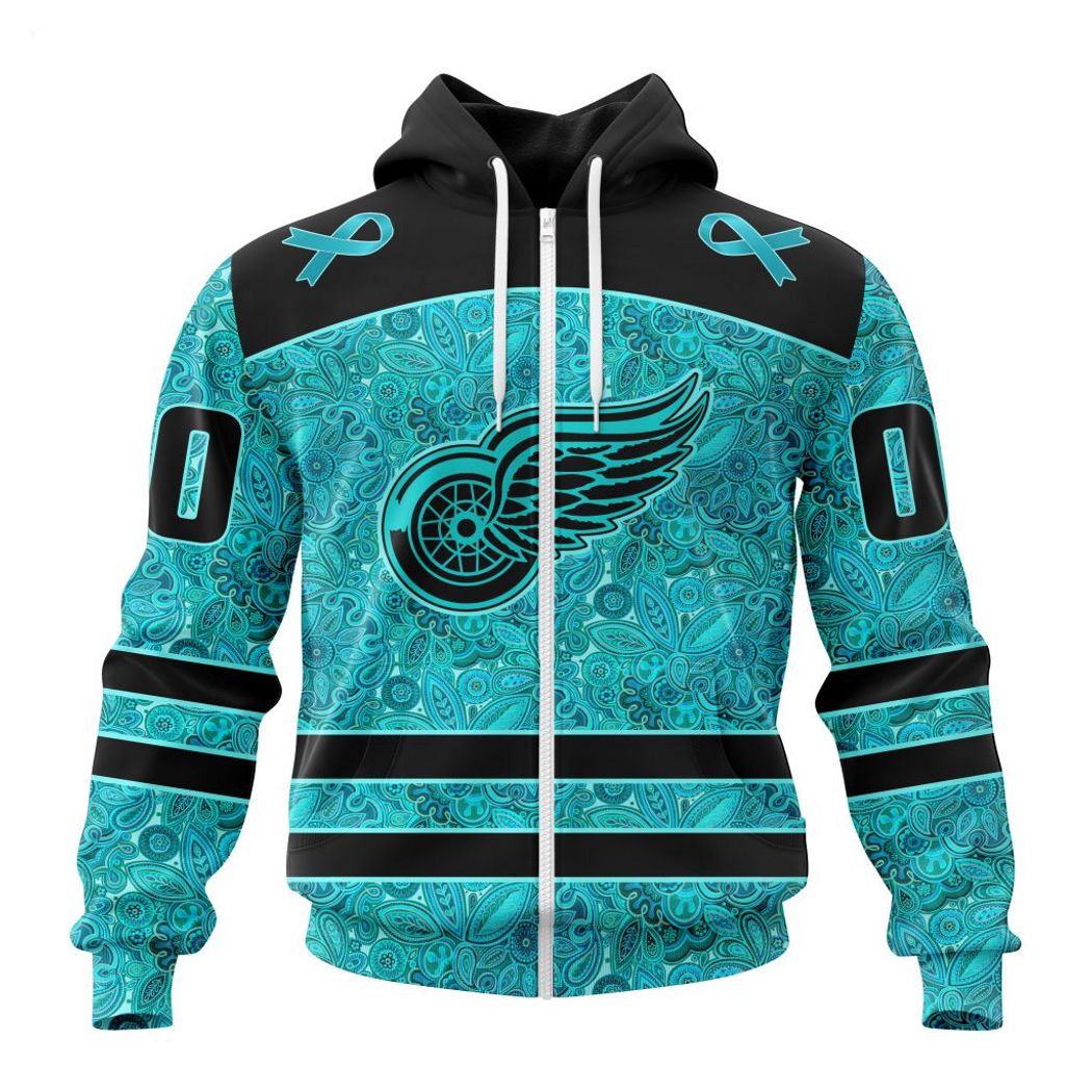 NHL Detroit Red Wings Custom Name Number Fight Ovarian Cancer Zip Up Hoodie