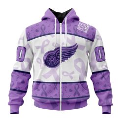 NHL Detroit Red Wings Custom Name Number Lavender Hockey Fights Cancer Zip Up Hoodie