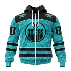 NHL Edmonton Oilers Custom Name Number Fight Ovarian Cancer Zip Up Hoodie