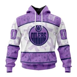 NHL Edmonton Oilers Custom Name Number Lavender Hockey Fights Cancer Pullover Hoodie