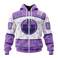 NHL Edmonton Oilers Custom Name Number Lavender Hockey Fights Cancer Zip Up Hoodie