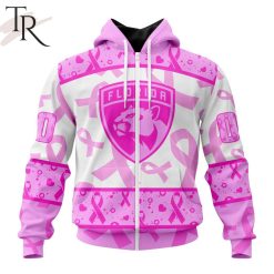 NHL Florida Panthers Custom Name Number Breast Cancer Awareness Month Zip Up Hoodie