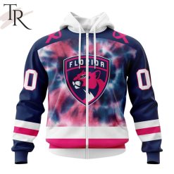 NHL Florida Panthers Custom Name Number Fight Breast Cancer Tie Dye Zip Up Hoodie