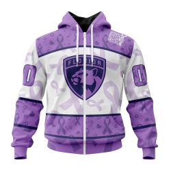 NHL Florida Panthers Custom Name Number Lavender Hockey Fights Cancer Zip Up Hoodie