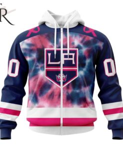 NHL Los Angeles Kings Custom Name Number Fight Breast Cancer Tie Dye Zip Up Hoodie