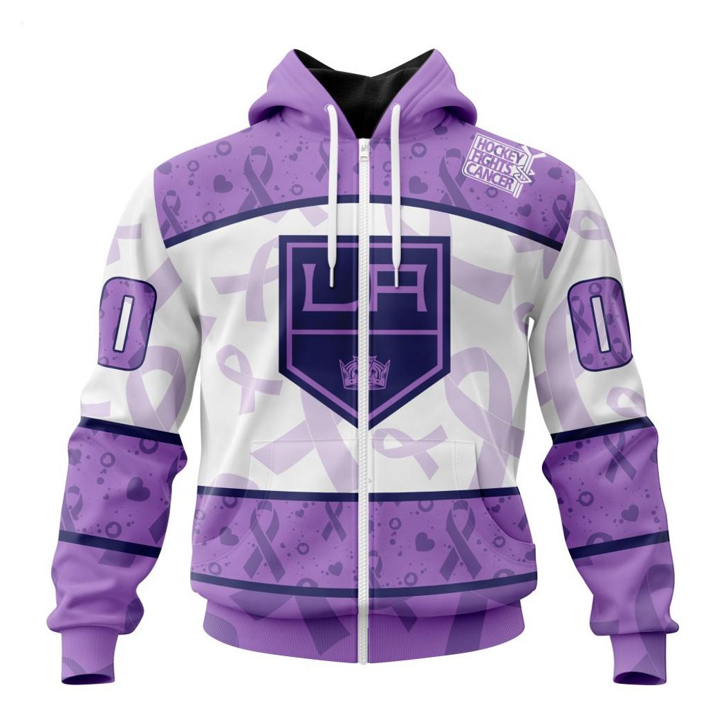 NHL Los Angeles Kings Custom Name Number Lavender Hockey Fights Cancer Zip Up Hoodie