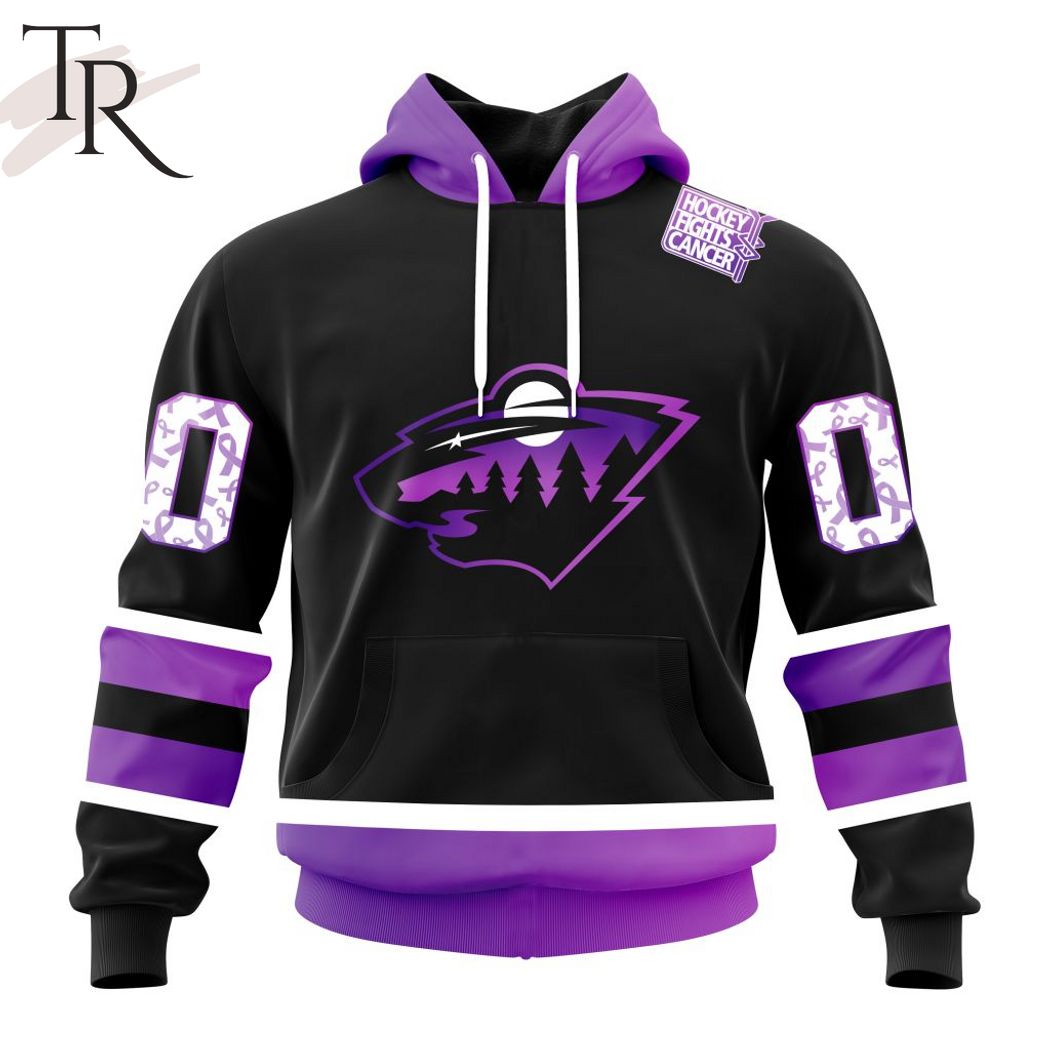 NHL Minnesota Wild Custom Name Number Black Hockey Fights Cancer Pullover Hoodie