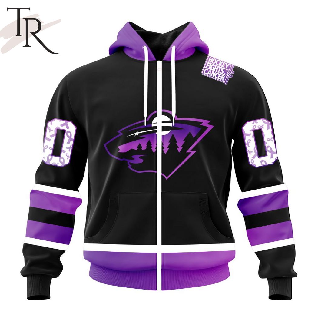 NHL Minnesota Wild Custom Name Number Black Hockey Fights Cancer Zip Up Hoodie