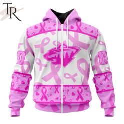 NHL Minnesota Wild Custom Name Number Breast Cancer Awareness Month Zip Up Hoodie