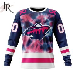 NHL Minnesota Wild Custom Name Number Fight Breast Cancer Tie Dye Sweatshirt