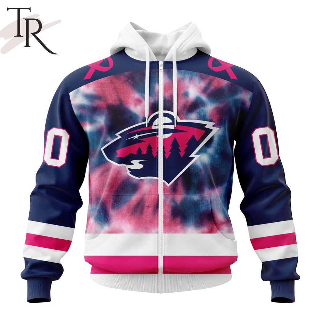 NHL Minnesota Wild Custom Name Number Fight Breast Cancer Tie Dye Zip Up Hoodie